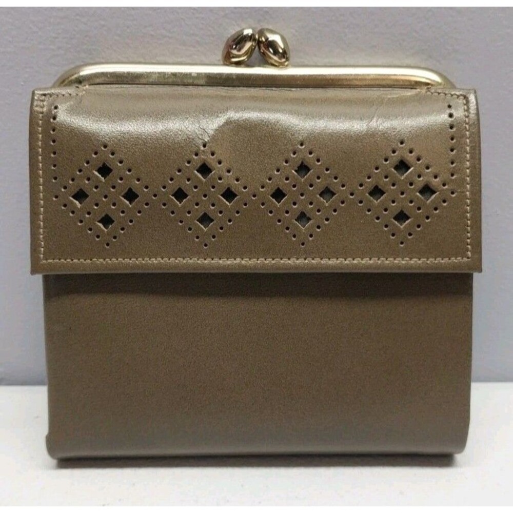 Vintage Kisslock Leather Wallet Clutch Olive Brown Cutout Mid Century 60s 70s